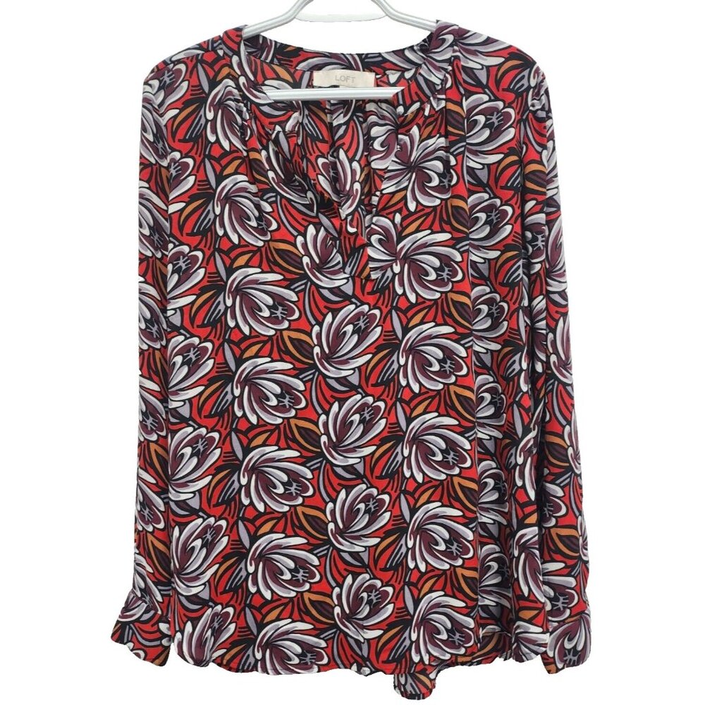 LOFT Womens Blouse‎ Top Medium Red Floral Chiffon V-Neck Long Sleeve Carrier